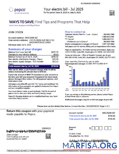 Downloadable USA Pepco utility bill template in Word and PDF formats, version 3